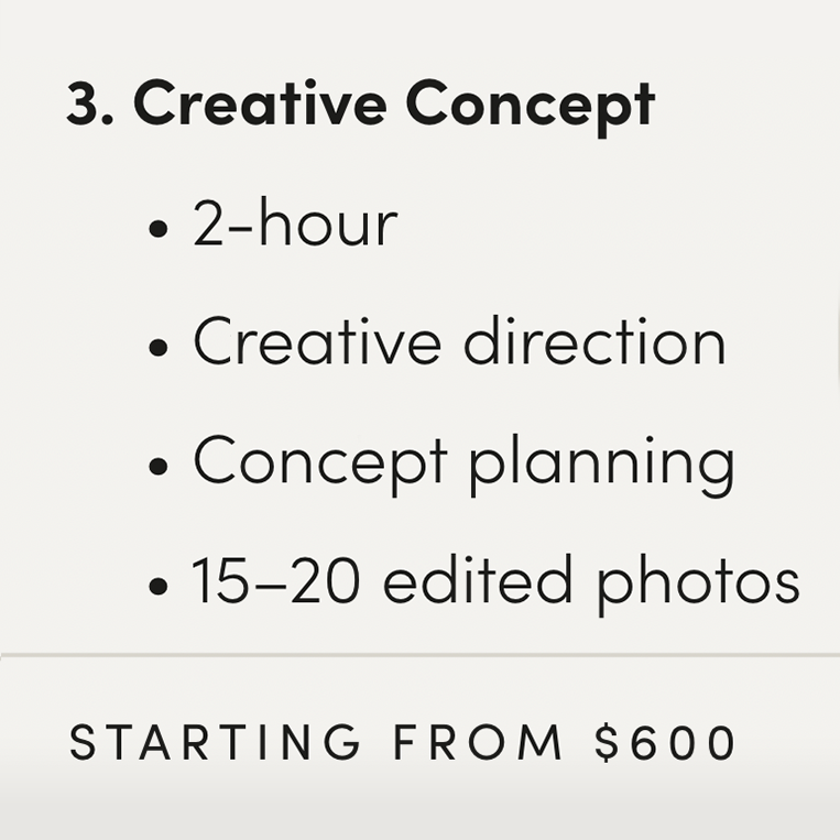 A pricing list for creative concept services showing 2-hour sessions, direction, planning and 15-20 edited photos. Boston MA photographer.
