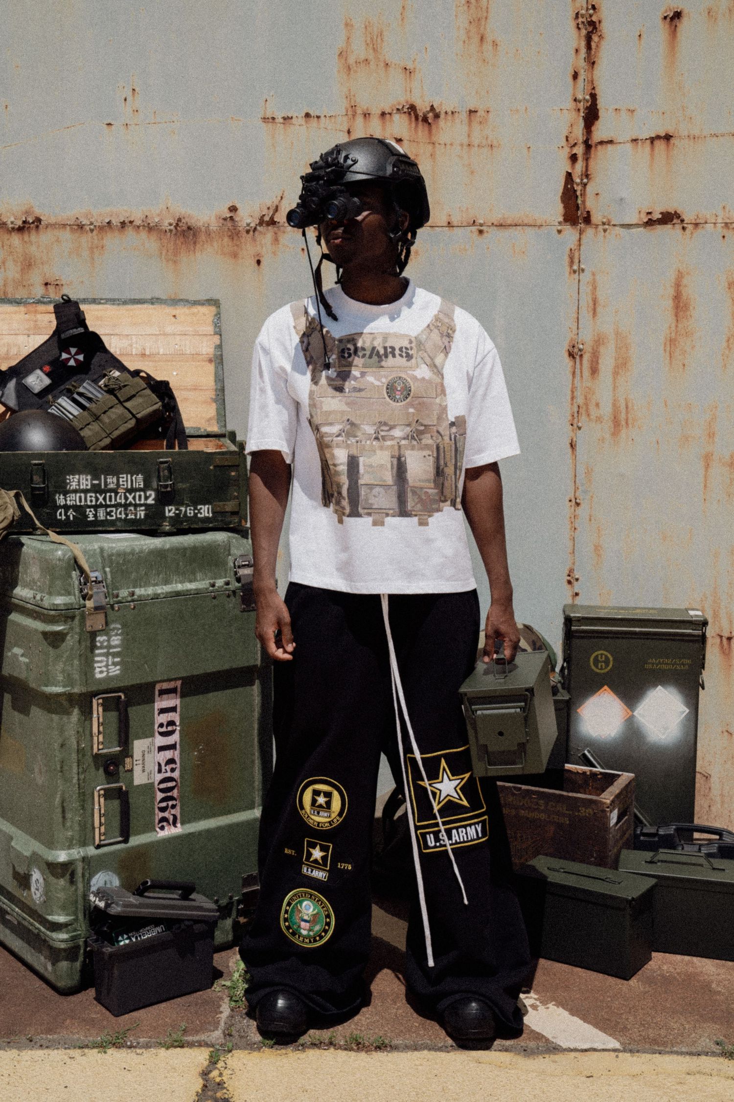 Street fashion photography setup with military containers and urban backdrop. Boston MA photographer, Malden MA & Greater Boston Area.