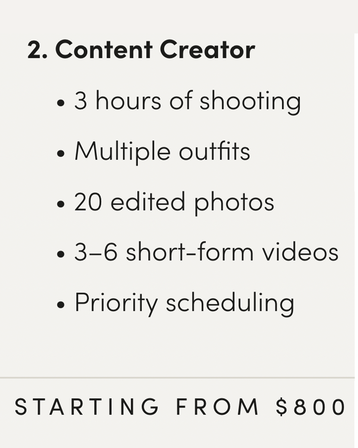 Content creator service package details showing 3 hours of shooting, multiple outfits. Boston MA photographer, Malden MA and Greater Boston.