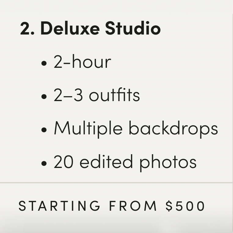 Pricing details for a deluxe photo studio package showing session length, outfit changes and photo deliverables. Boston MA photographer.
