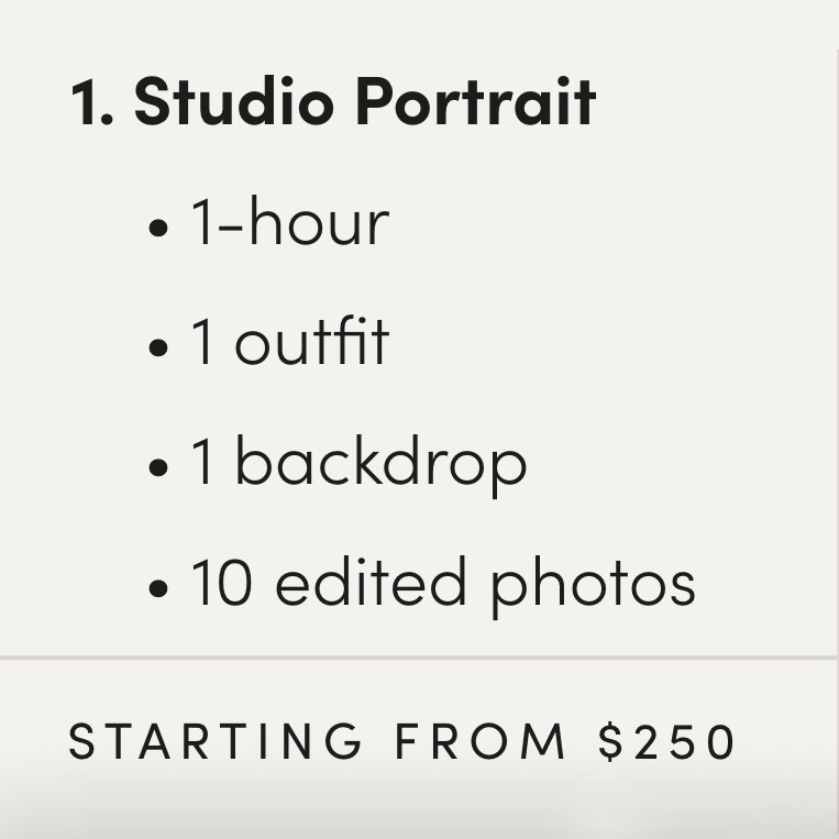 Studio portrait photography pricing package details showing one hour session with one outfit and ten edited photos. Boston MA photographer.