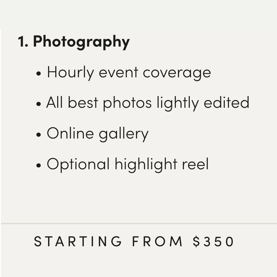 Photography pricing package details showing hourly coverage, edited photos, online gallery and highlight reel. Boston MA photographer.
