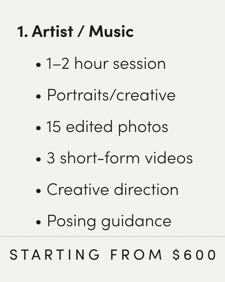 Professional photography service pricing menu showing packages for artists and musicians with session details and deliverables. Boston MA.