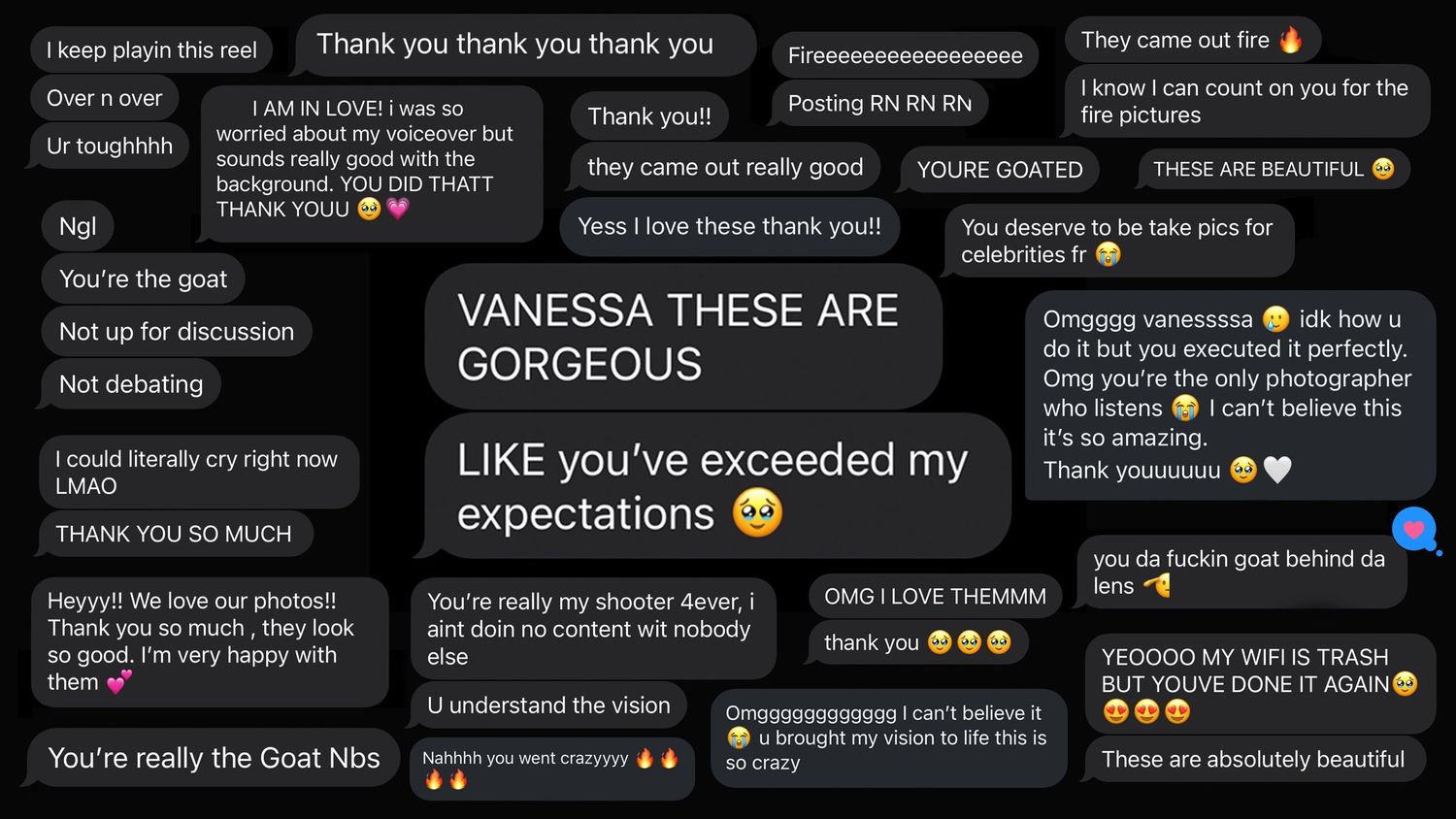 A collection of text messages showing enthusiastic praise and positive feedback displayed on a dark background. Boston MA photographer.