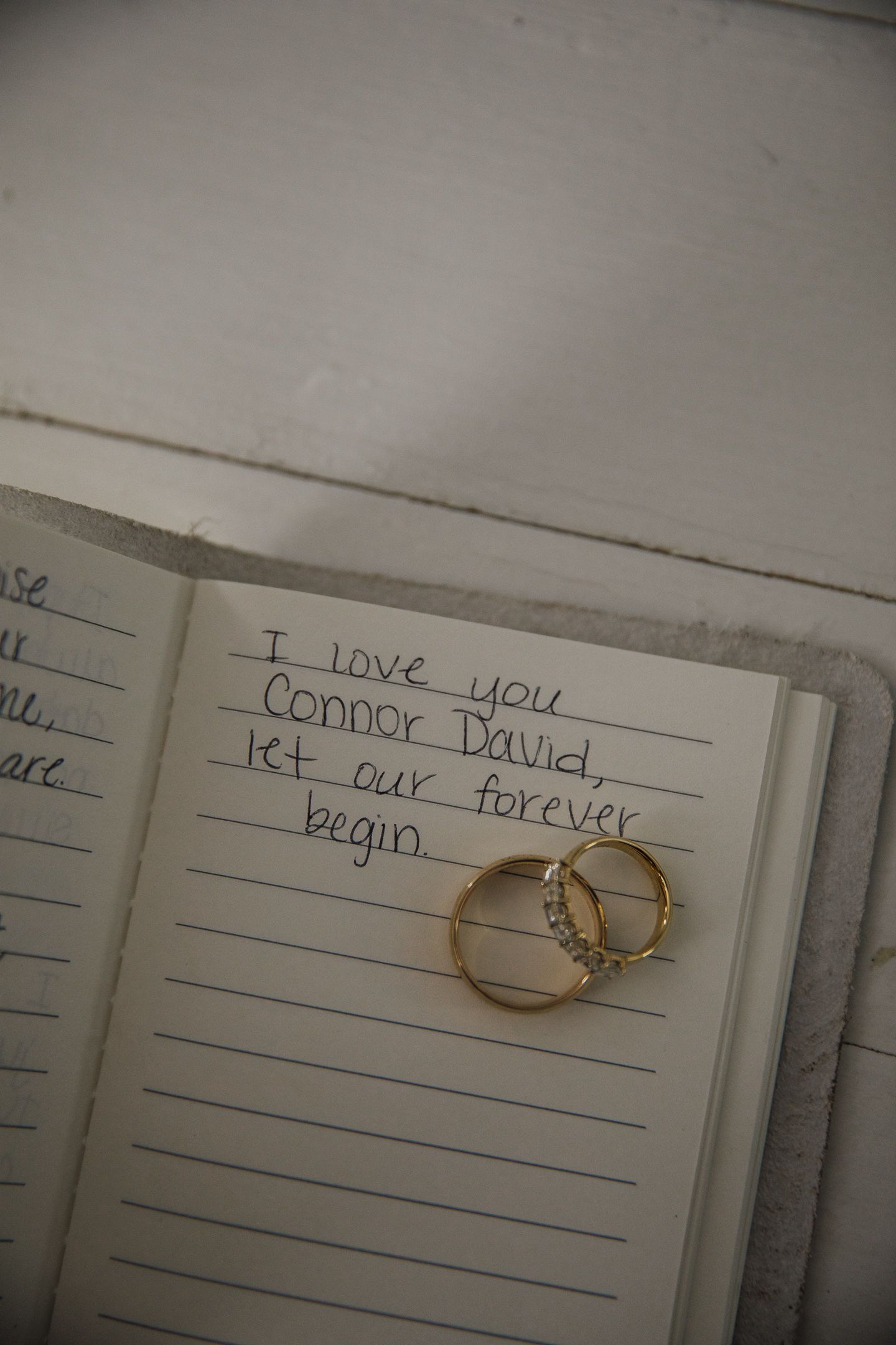 Gold wedding rings rest on handwritten love notes in a white lined notebook.