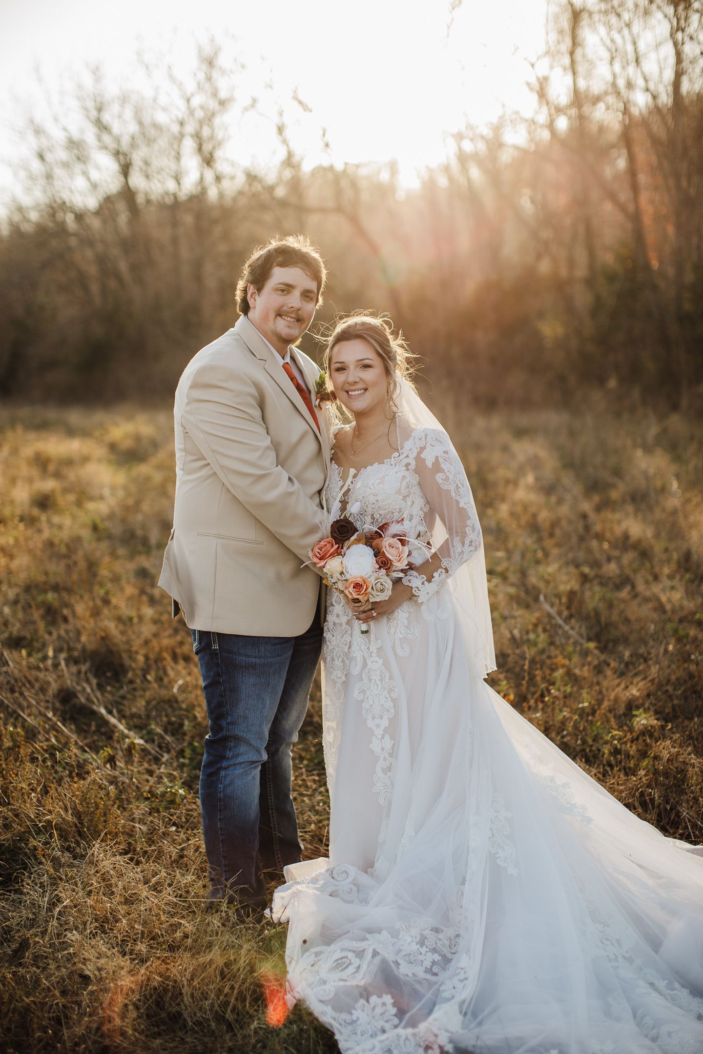 Intimate wedding photos captured during golden hour showing tender moments and a flowing white lace gown.