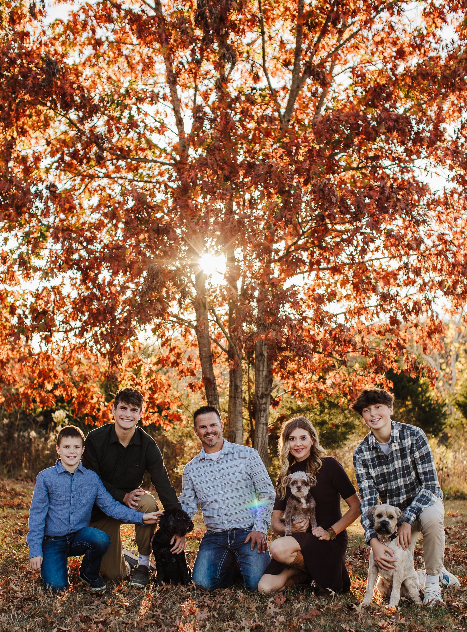 Large family group sitting together with their dogs among autumn trees at sunset.