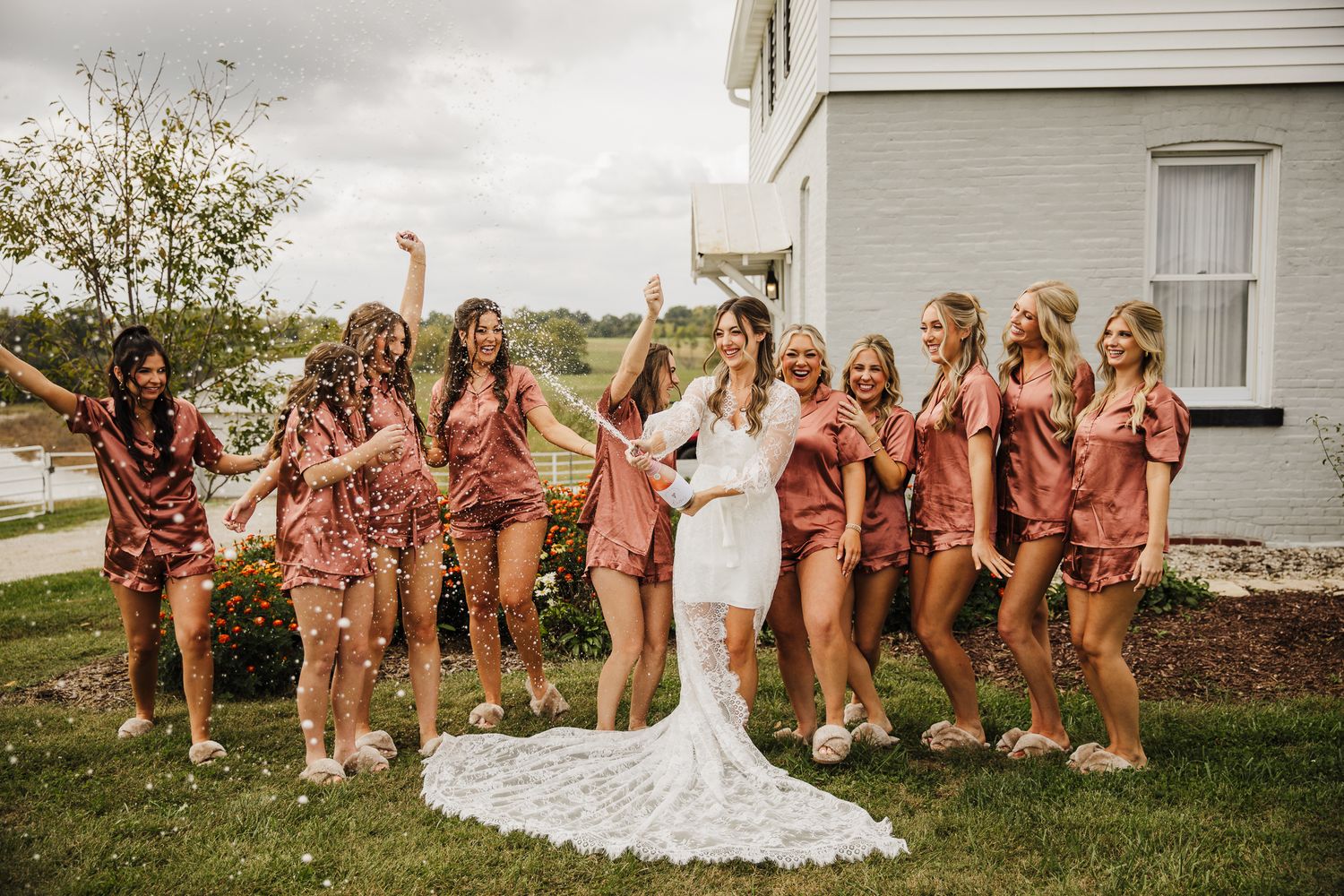 Five connected wedding party photos showing bridesmaids in dusty rose dresses posing playfully with the bride in white.