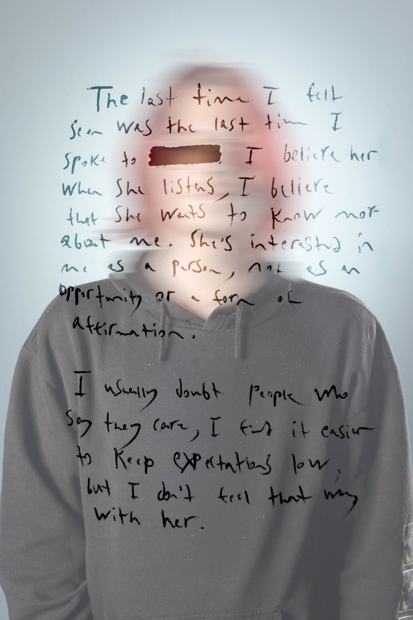 Person in grey hoodie with blurred face and handwritten text about trust, connection, and emotional vulnerability.