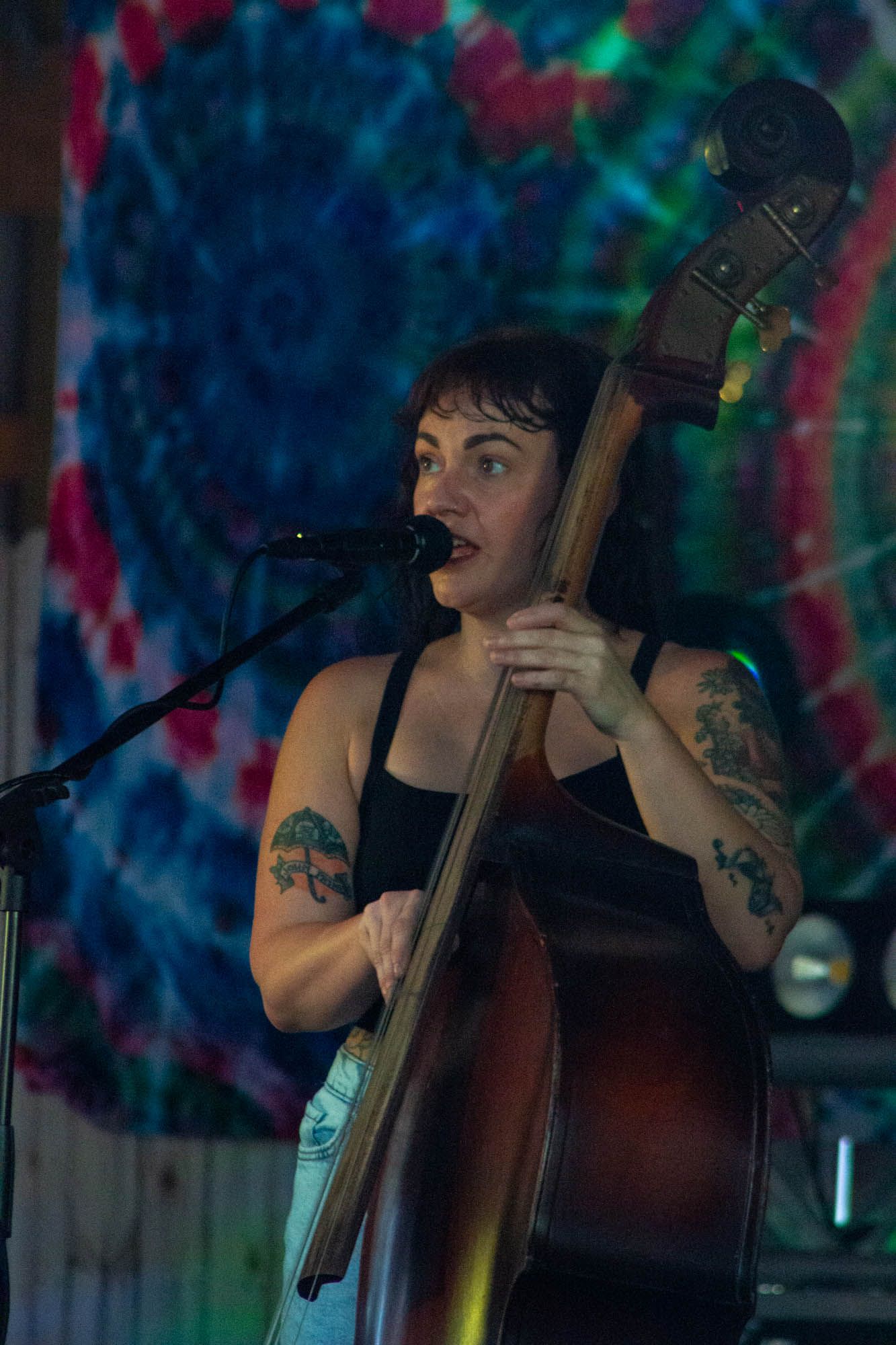 Tattooed woman playing upright bass and singing into microphone on stage with tie-dye backdrop.