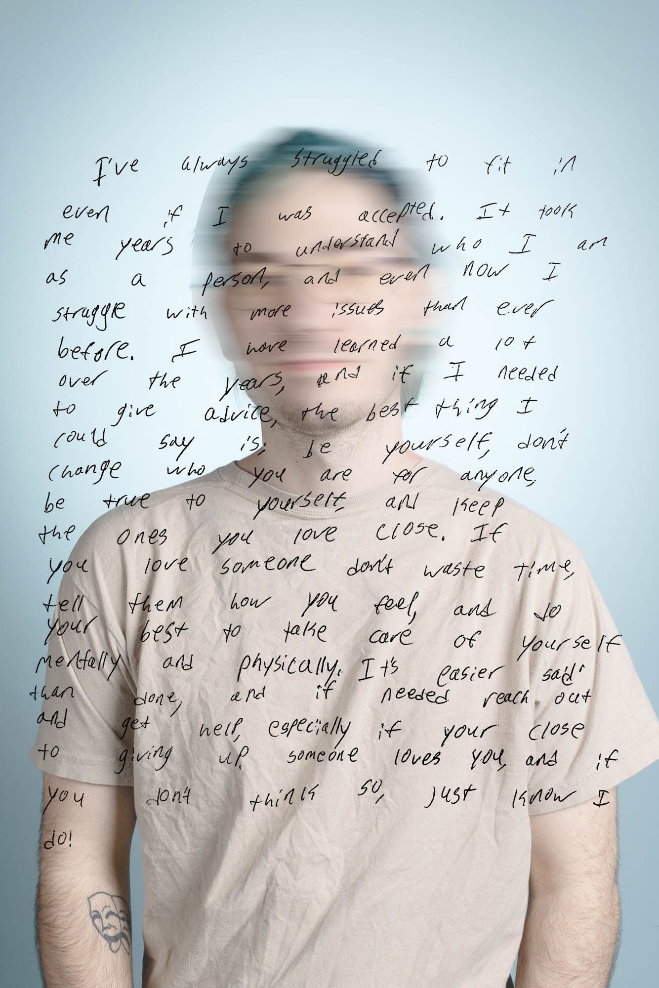 Blurred double exposure portrait of a person with handwritten text overlay on mental health struggles.