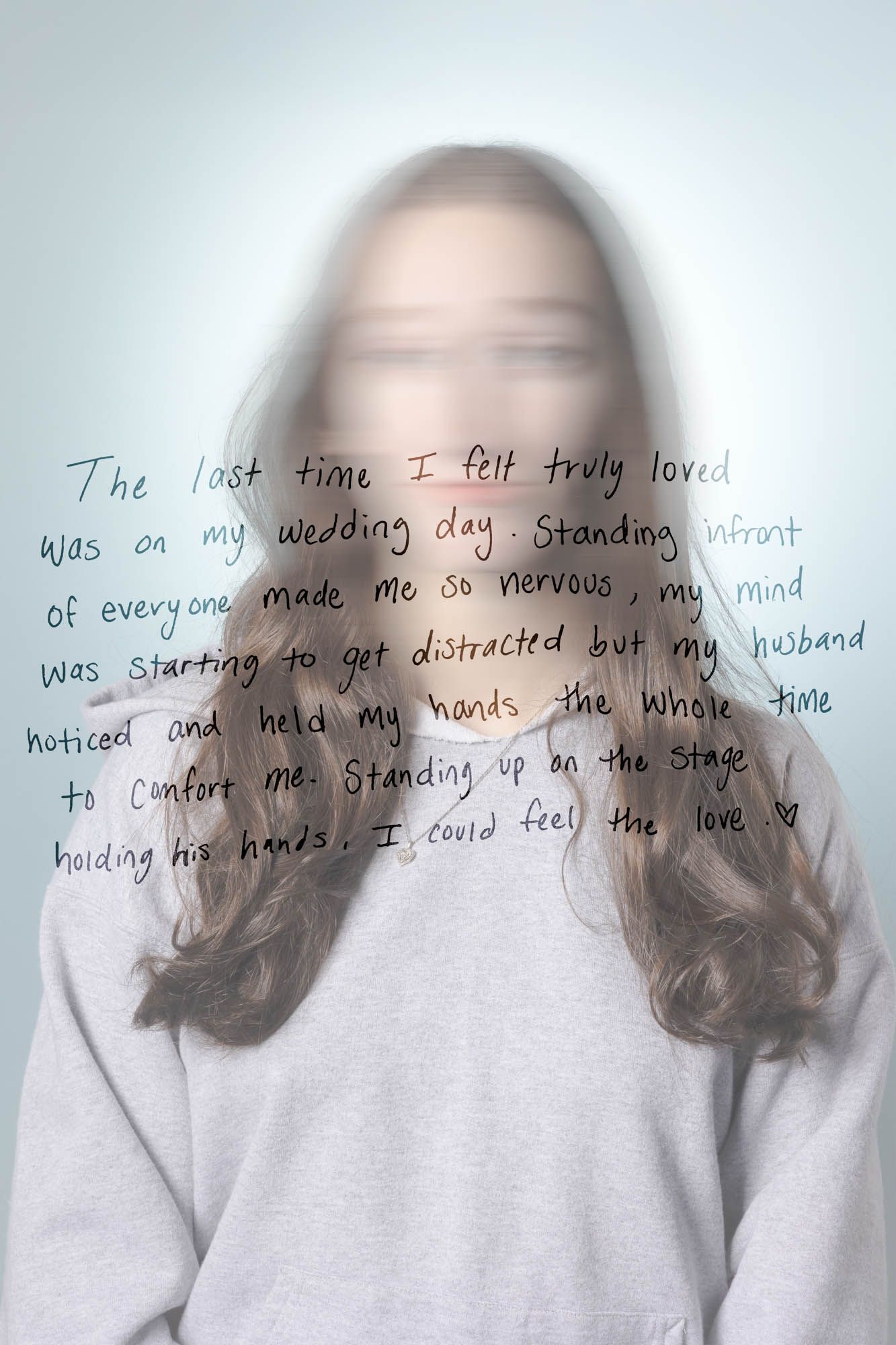 Blurred portrait of a woman with handwritten text about feeling loved on her wedding day.