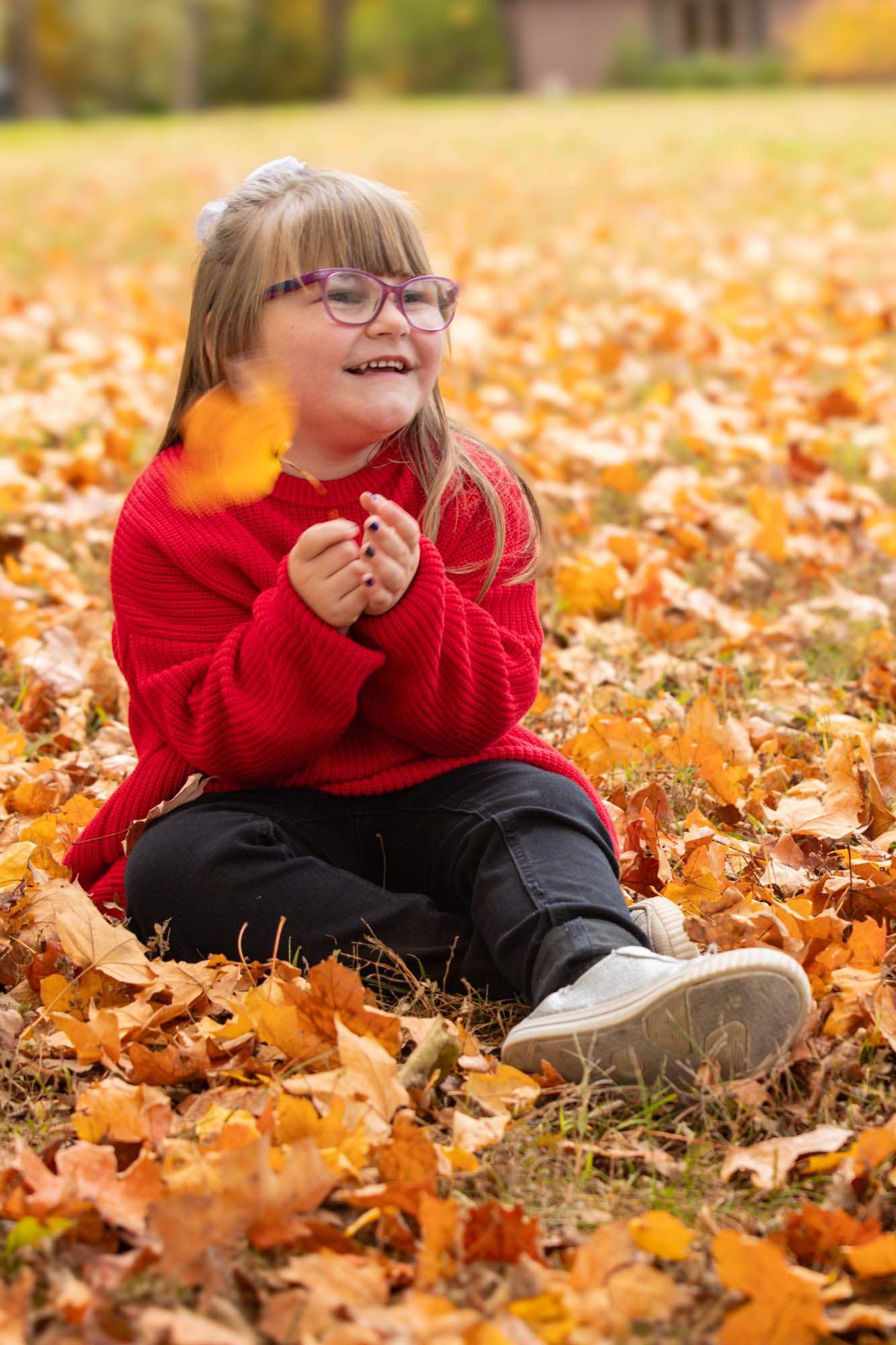 Happy girl with glasses in red sweater plays with golden autumn leaves while sitting outdoors.