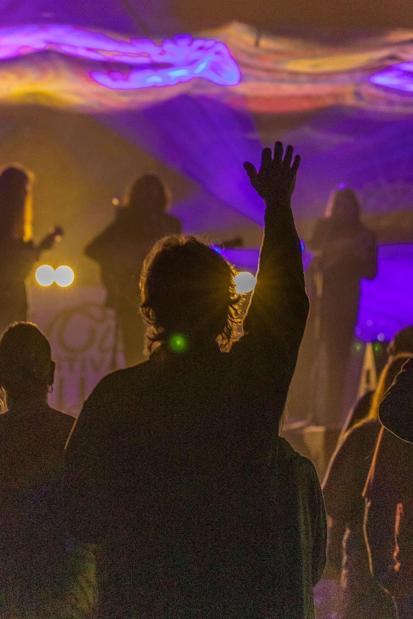 Silhouette of a person raising their hand at a live concert with colorful purple and yellow stage lighting.