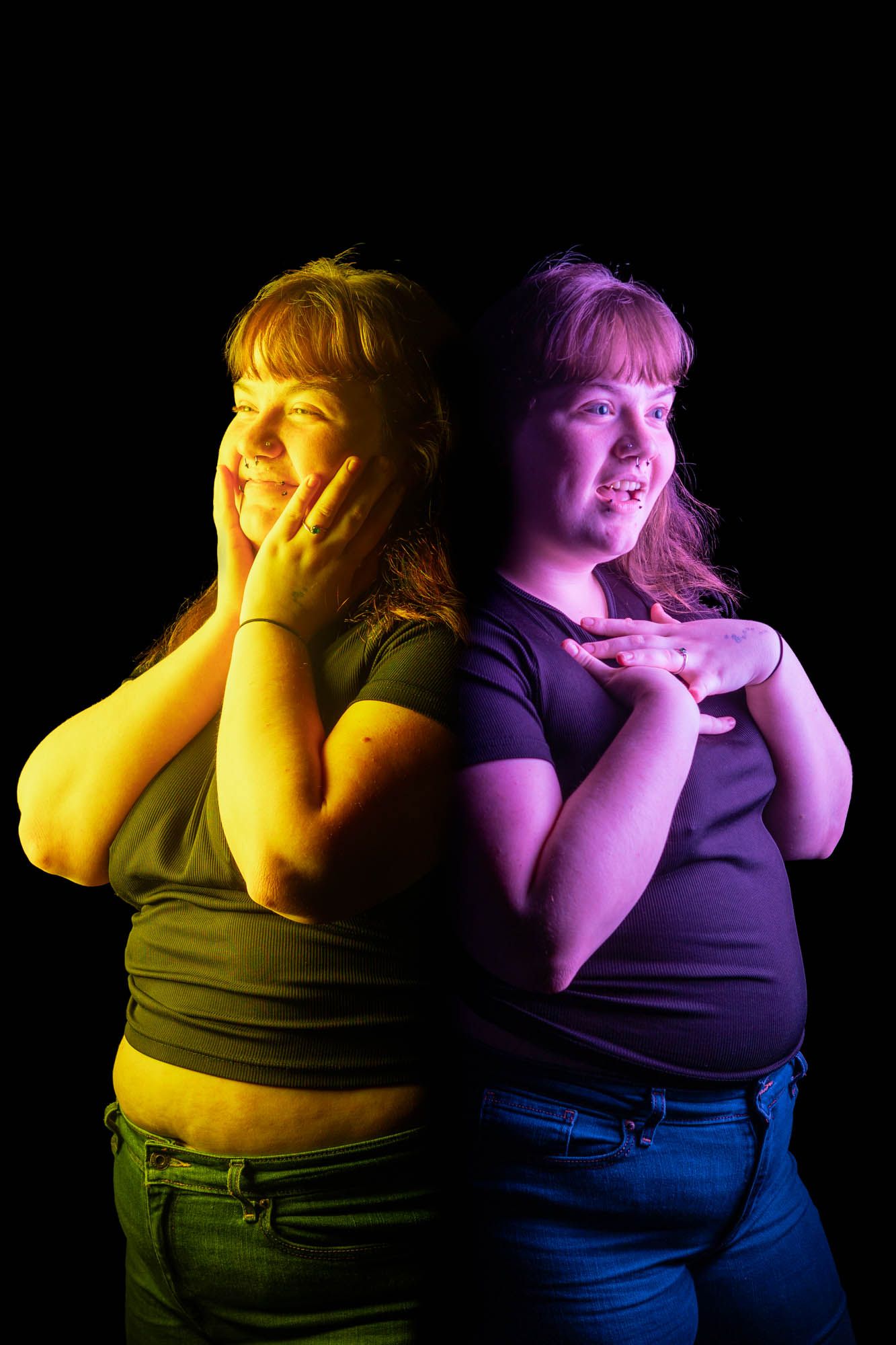 Plus-size woman photographed back-to-back in yellow and purple lighting showing two contrasting happy emotional expressions.