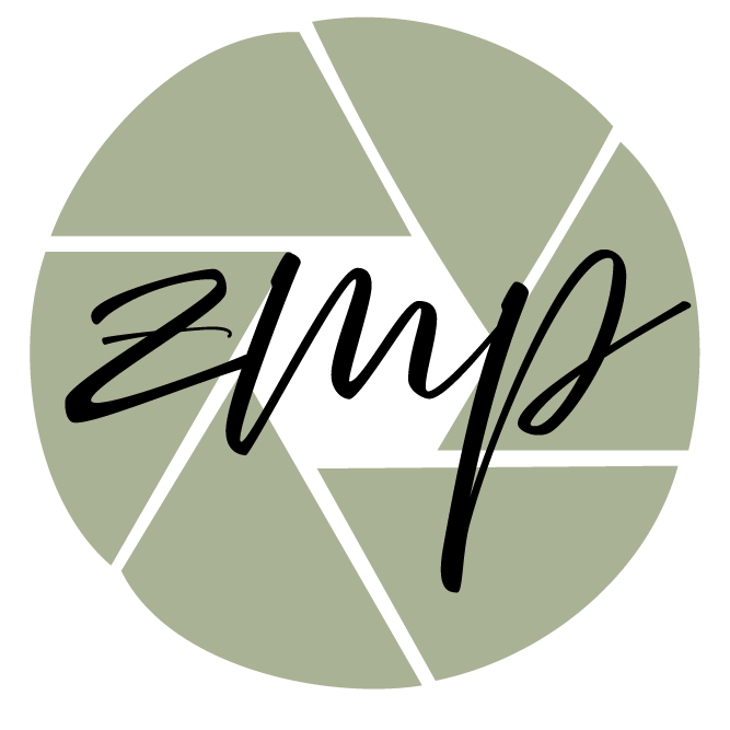 ZMP photography logo featuring a camera aperture design in sage green with stylish black script lettering.