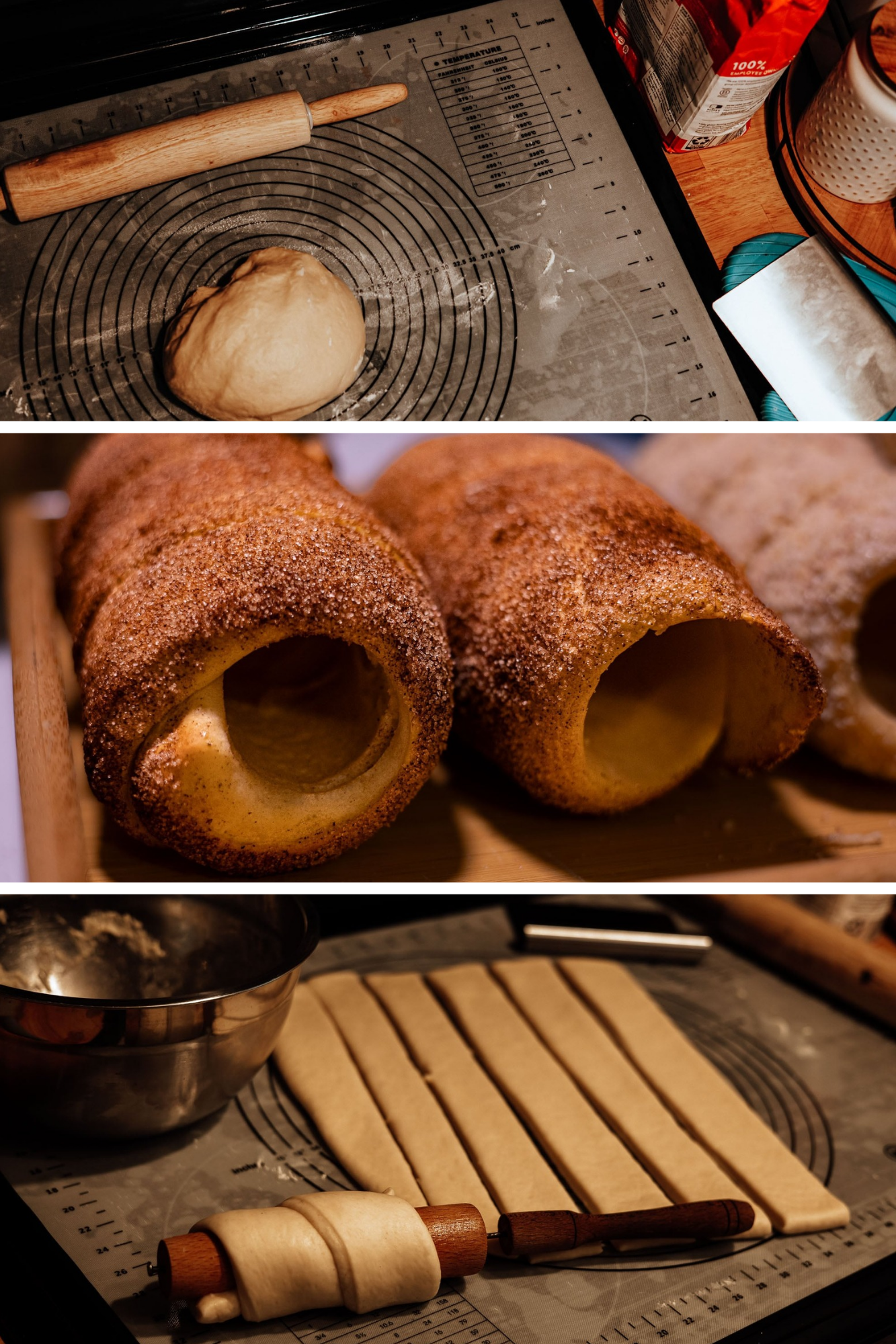 Step by step process of making homemade croissants from raw dough to golden brown baked pastries.