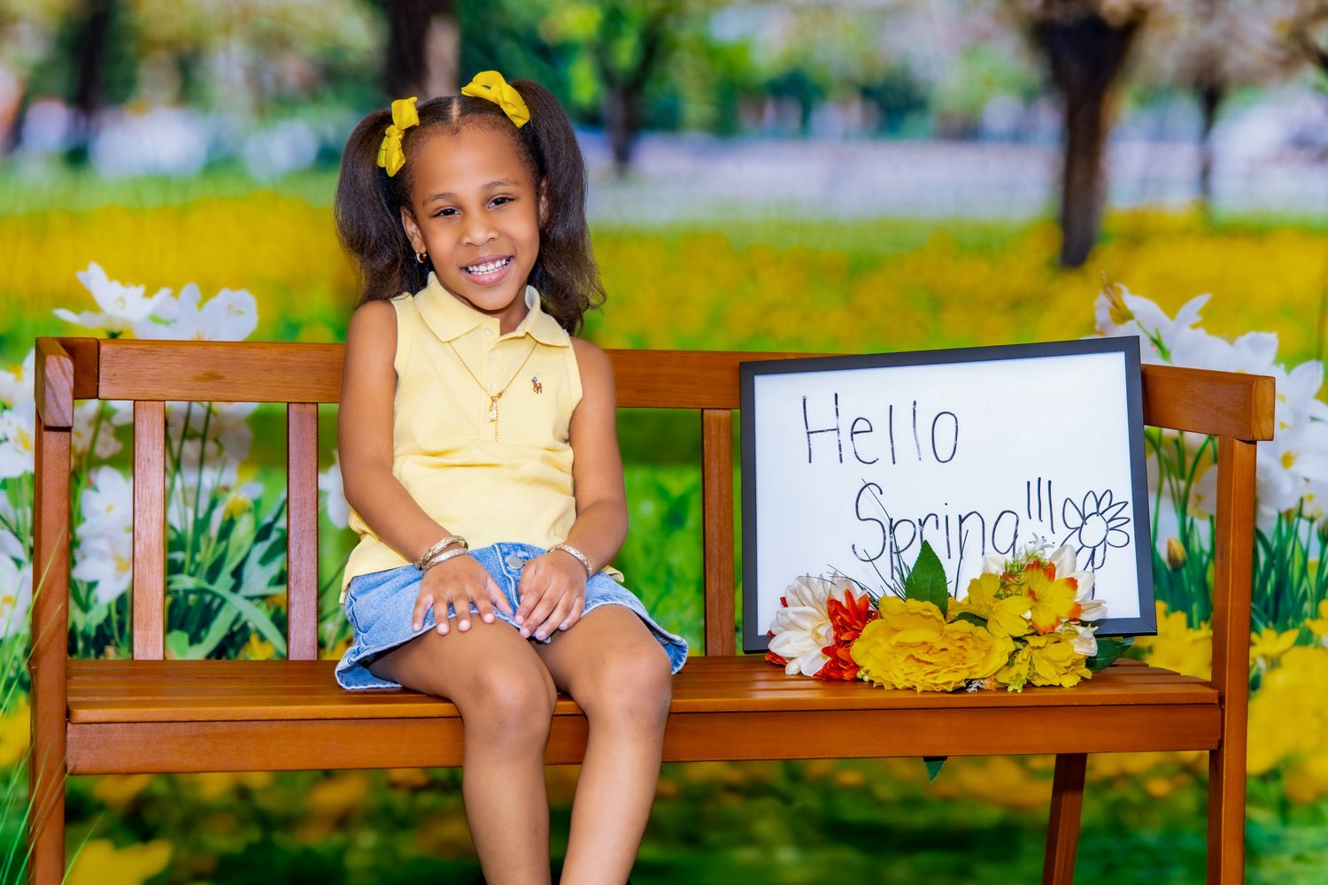 A cheerful springtime scene with handwritten signs and yellow flowers in a garden setting.