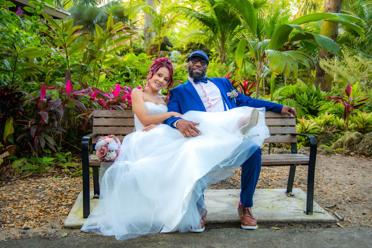 A sequence of colorful photos showing a couple sitting on a garden bench in wedding attire surrounded by tropical plants.