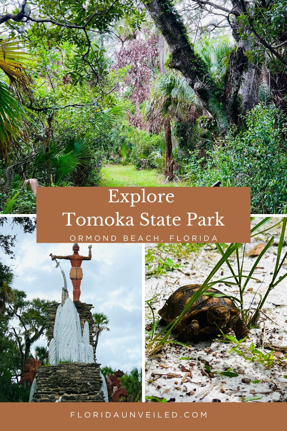 A lush forest trail, Native American statue, and a turtle on white sand at Tomoka State Park, Ormond Beach, Florida.
