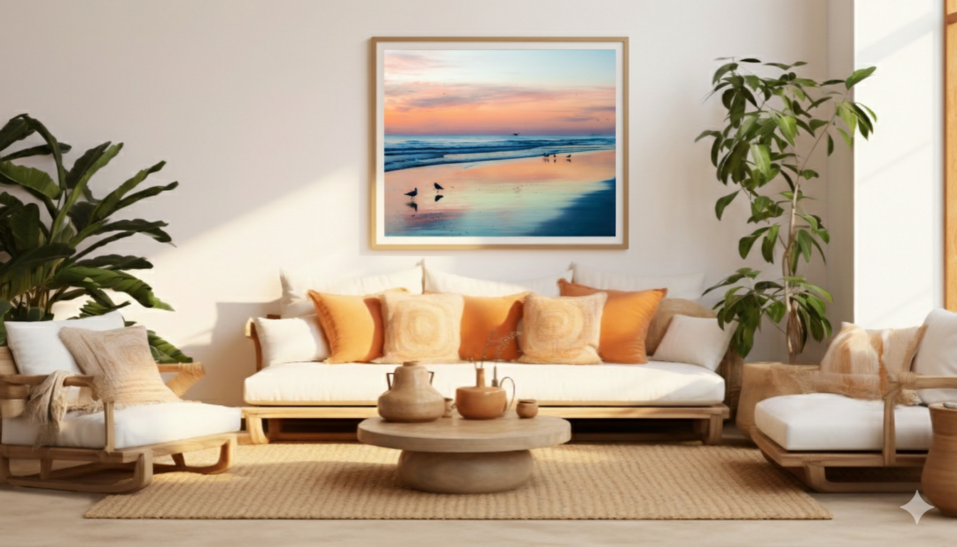 Modern coastal living room with white sofa, orange throw pillows, beach artwork and potted plants in natural decor style.
