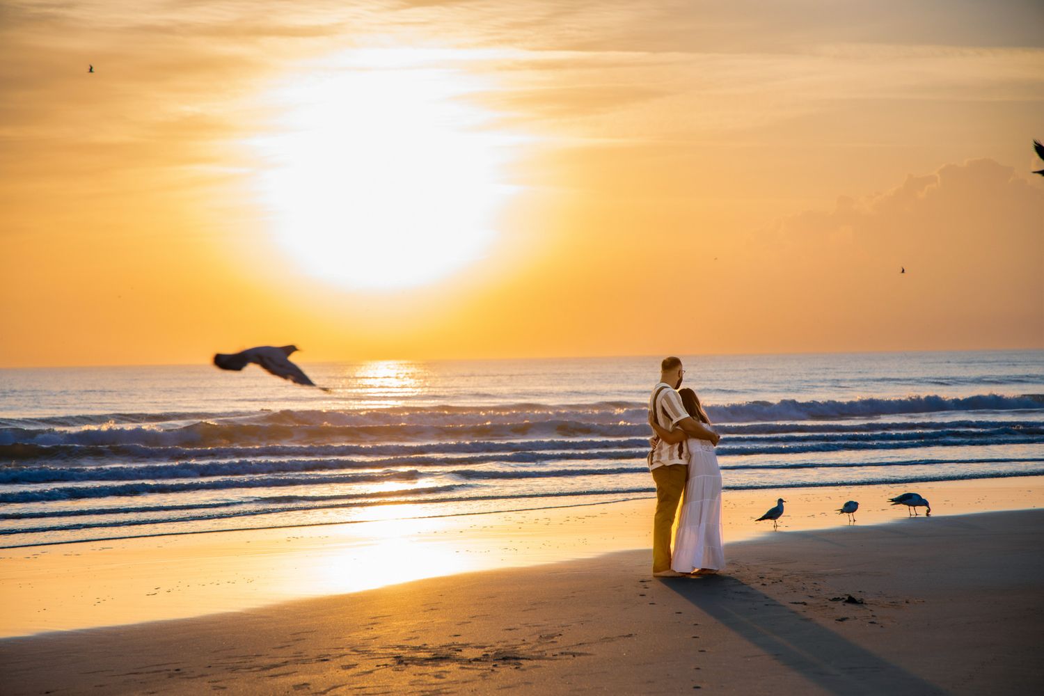 A stunning panoramic collage of beach sunset scenes with silhouettes against a golden orange sky over ocean waves.