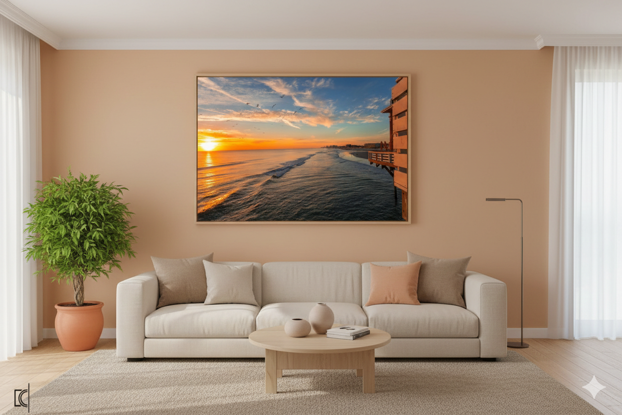 Modern living room interior with beige walls, white sofa, potted plants and coastal sunset artwork displayed on wall.