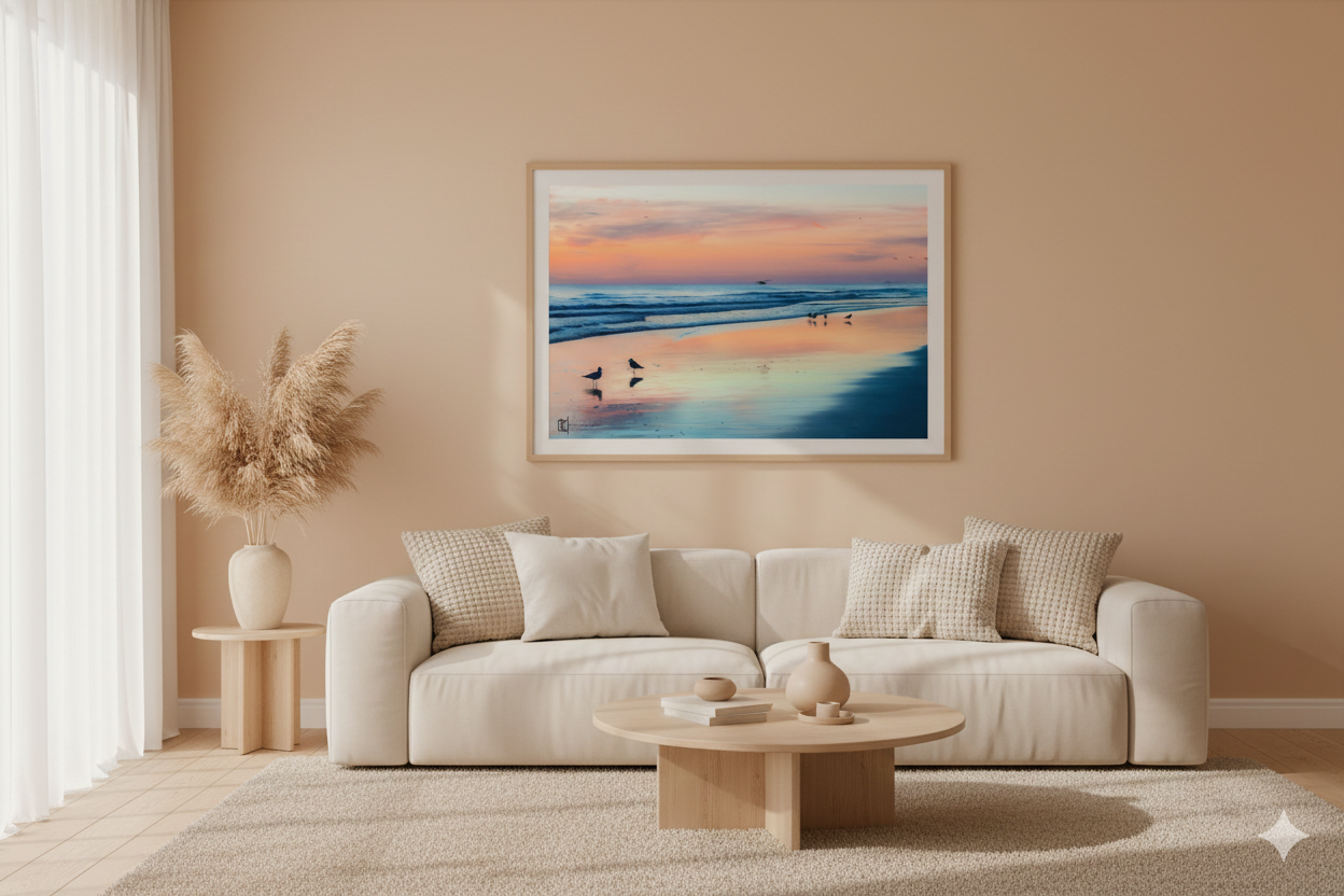 Modern living room with beige sofa, beach artwork, pampas grass decor and wooden coffee table against neutral walls.