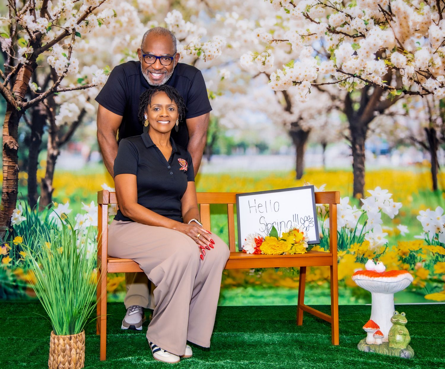 A series of spring photos showing cherry blossoms and wooden benches in a garden setting.