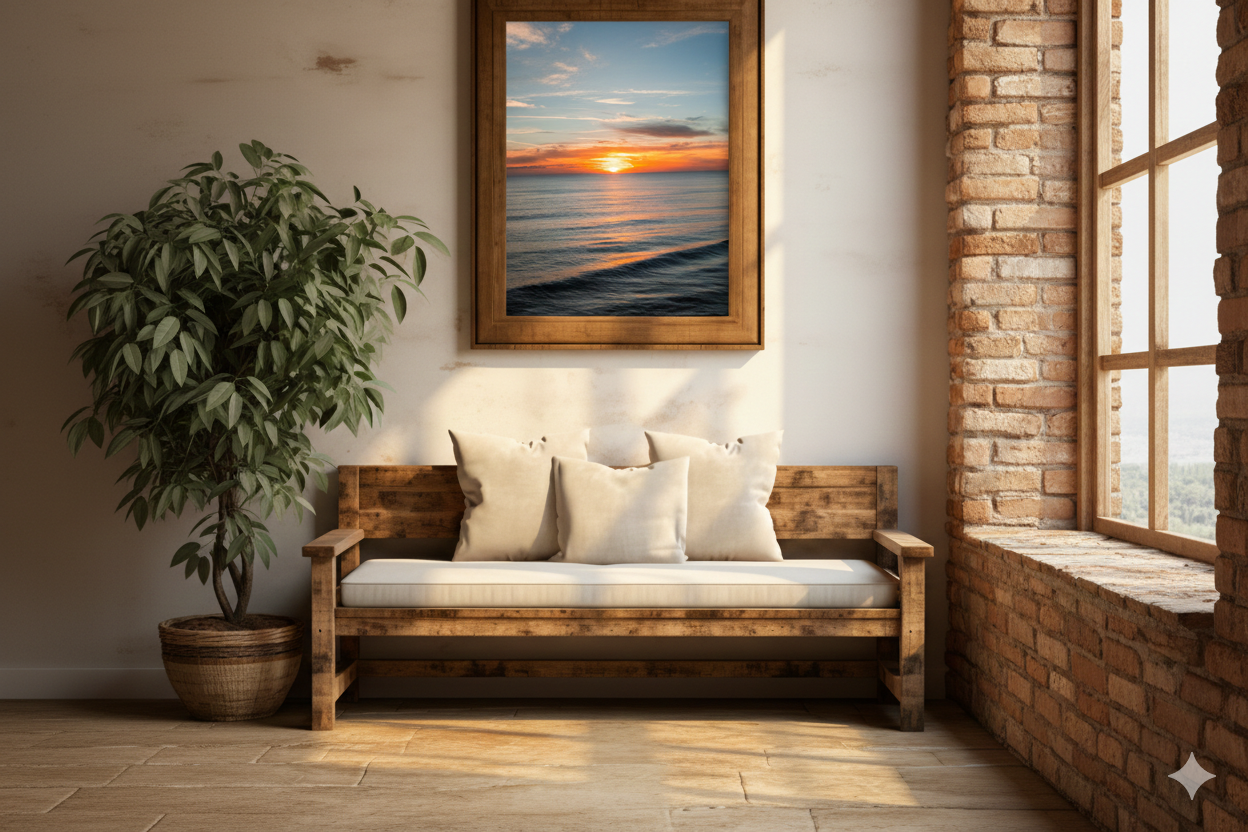 A cozy living room interior with exposed brick walls, large windows, potted plants, and coastal artwork.