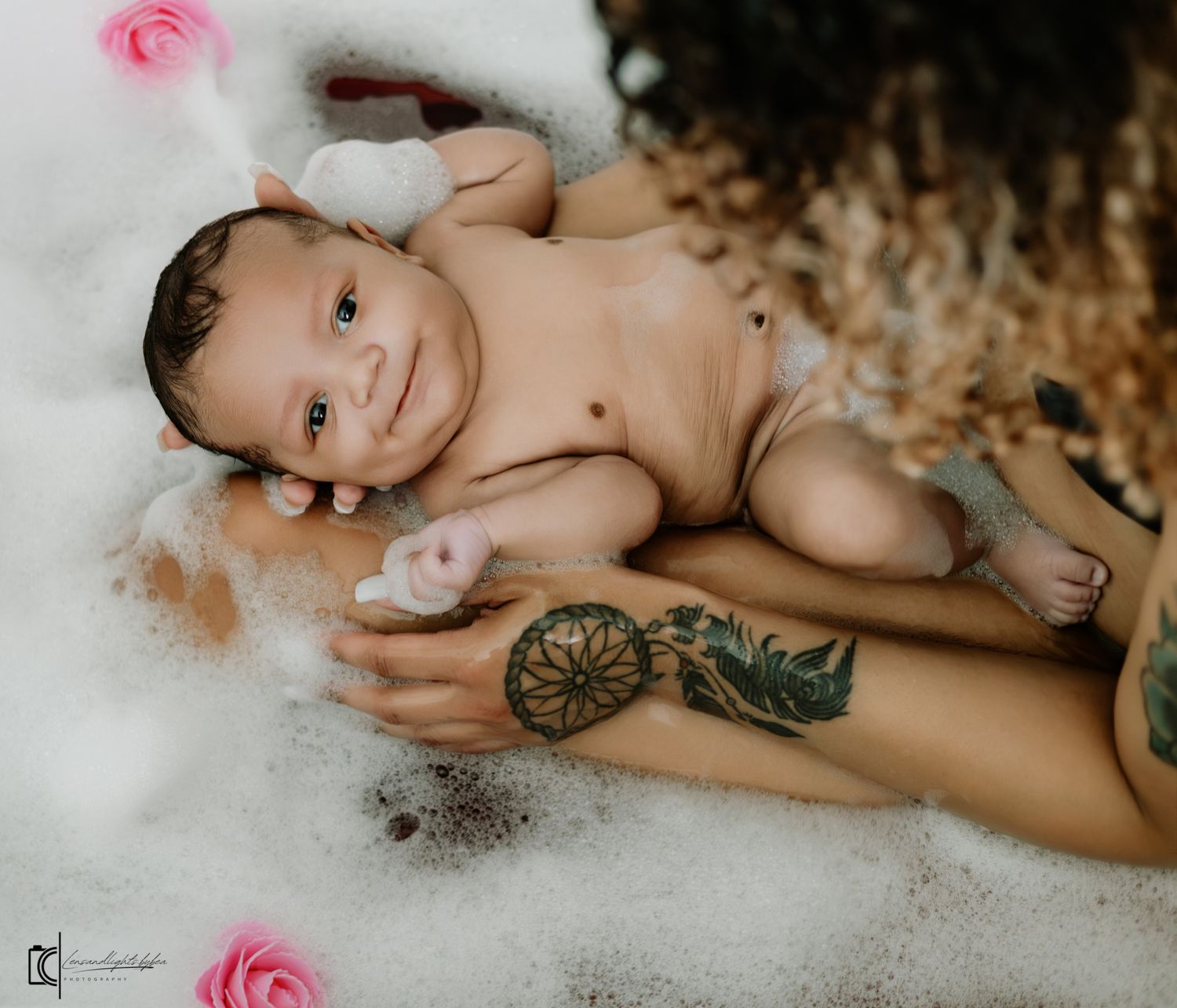 A collection of bath time photos featuring bubbles, toys, and playful moments in a white bathtub.