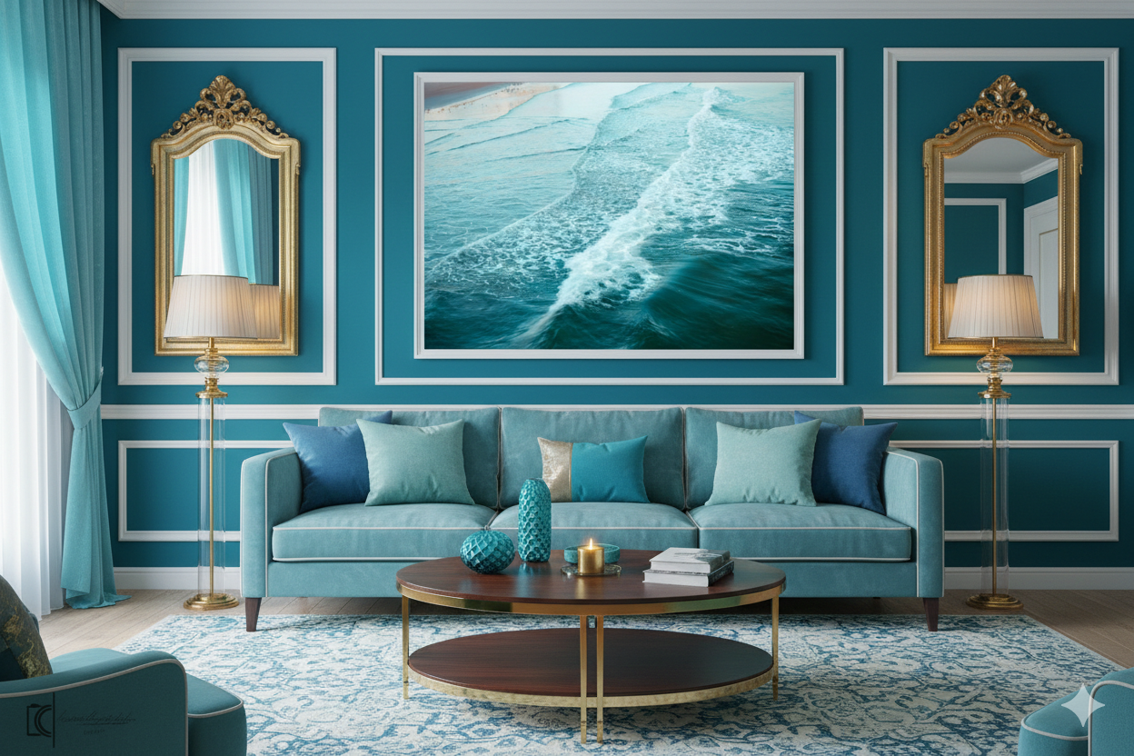 Luxurious teal and gold living room features elegant wall moldings, plush velvet furniture, and ocean-themed artwork.