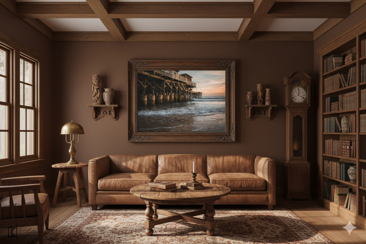 A cozy living room with brown walls, leather sofa, built-in bookshelves, and coastal artwork features warm lighting.