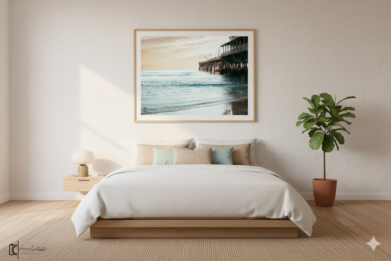 Modern minimalist bedroom interior with white bedding, coastal artwork, and houseplants in neutral tones.