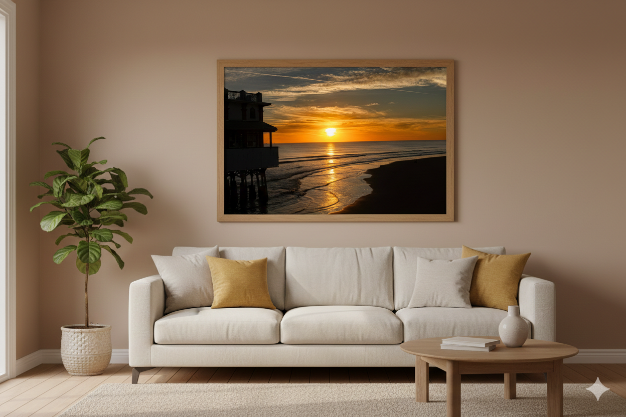 Modern living room interior with beige sofa, potted plant, and large framed sunset beach photograph on wall.