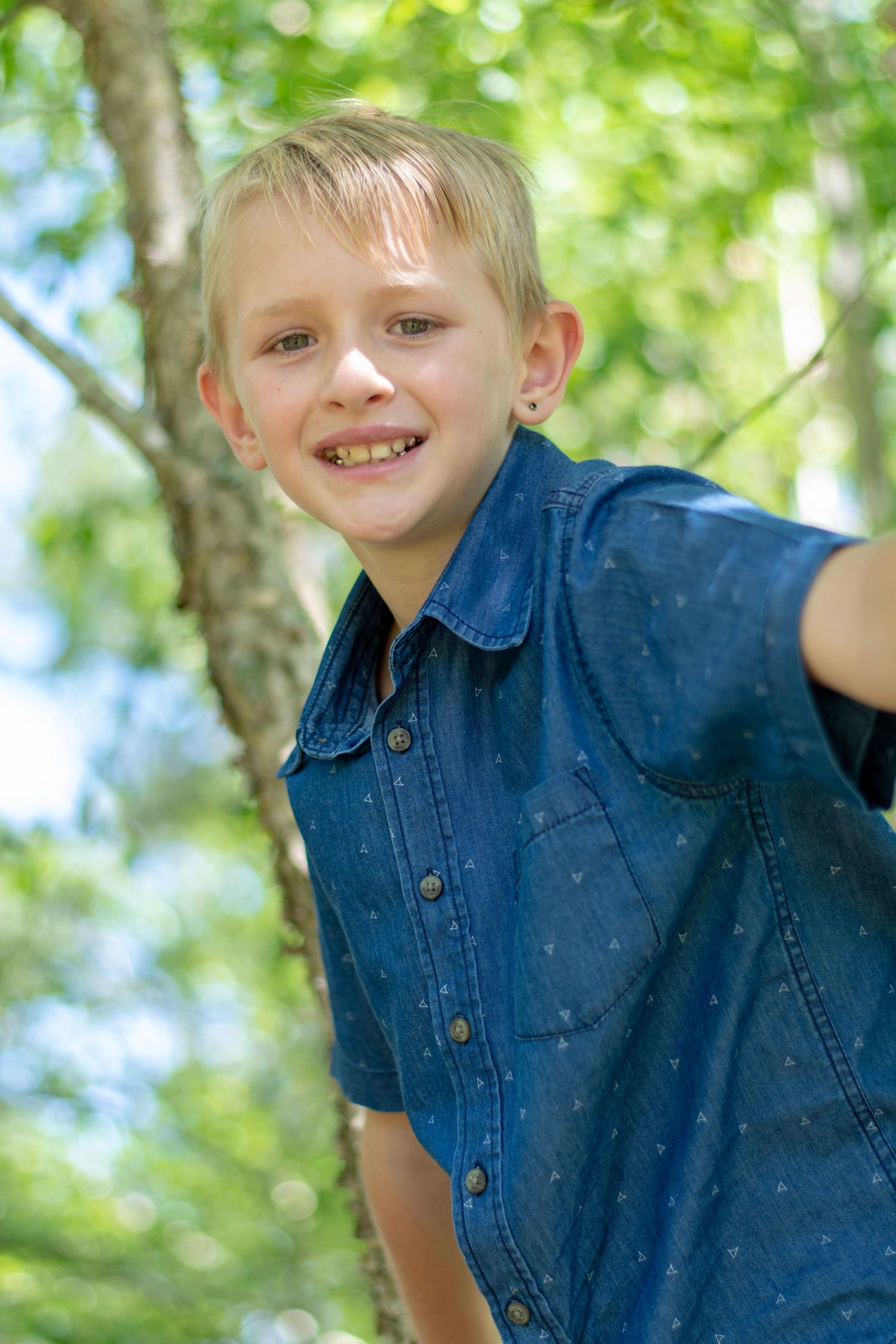 Little boy climbing tree