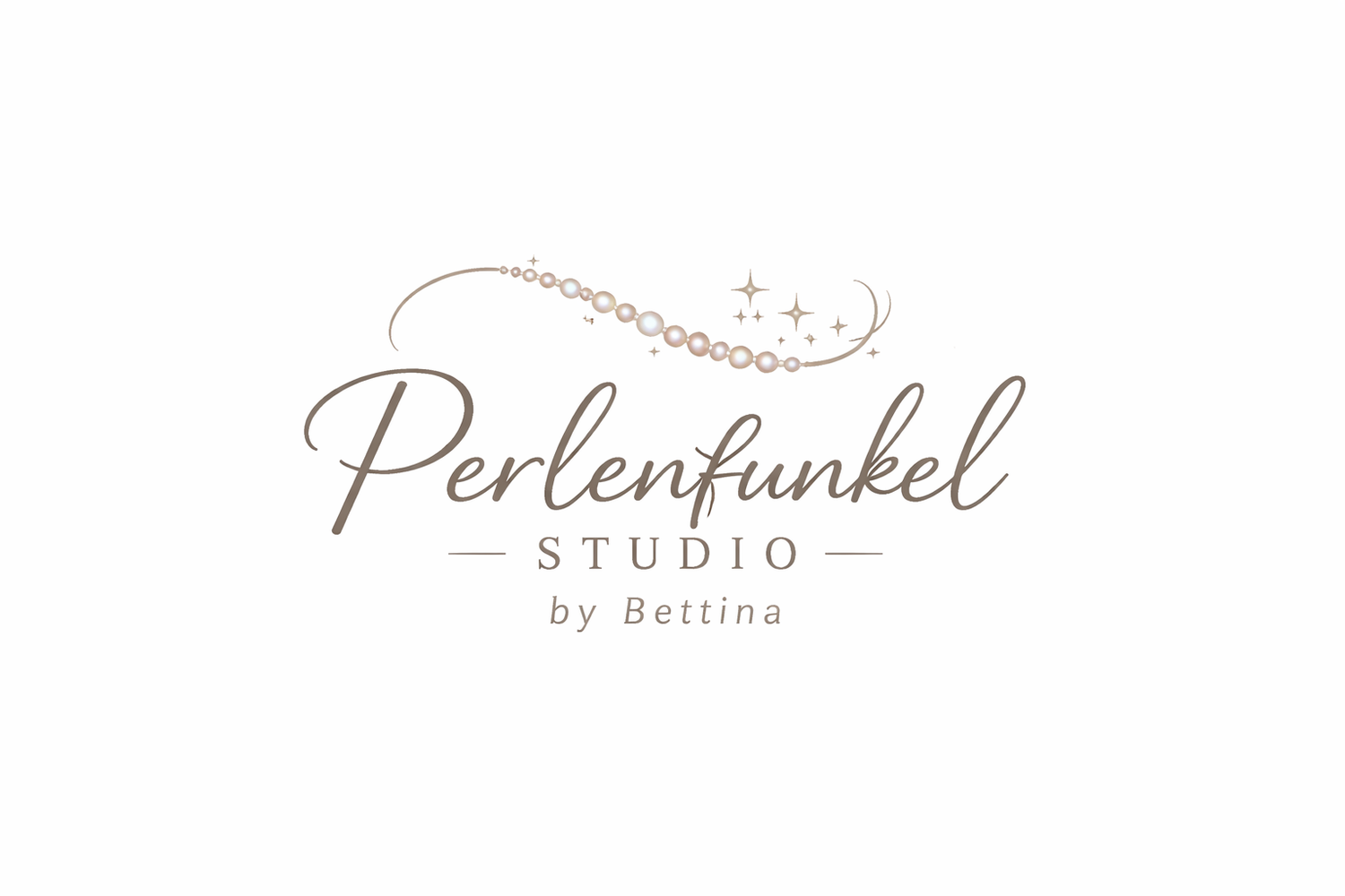 Perlenfunkel Studio by Bettina elegant jewelry logo with pearl necklace design and sparkling stars on white background.