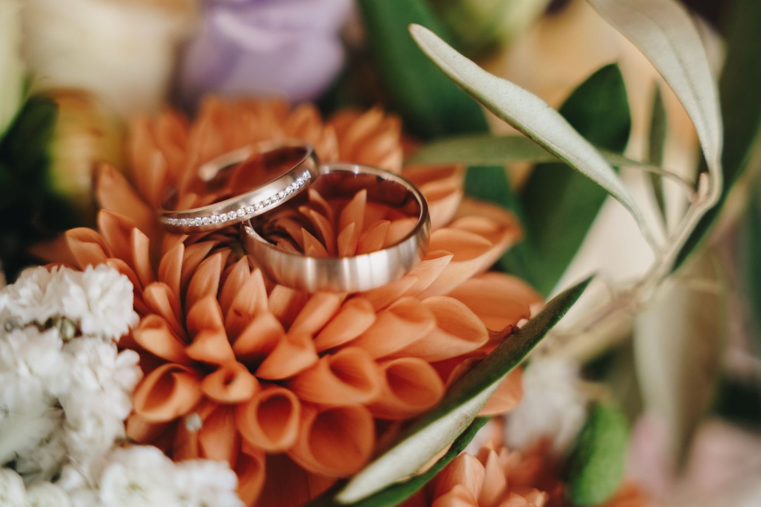 Two silver wedding rings resting on a peach-orange dahlia surrounded by white flowers and green foliage in a romantic wedding setting.