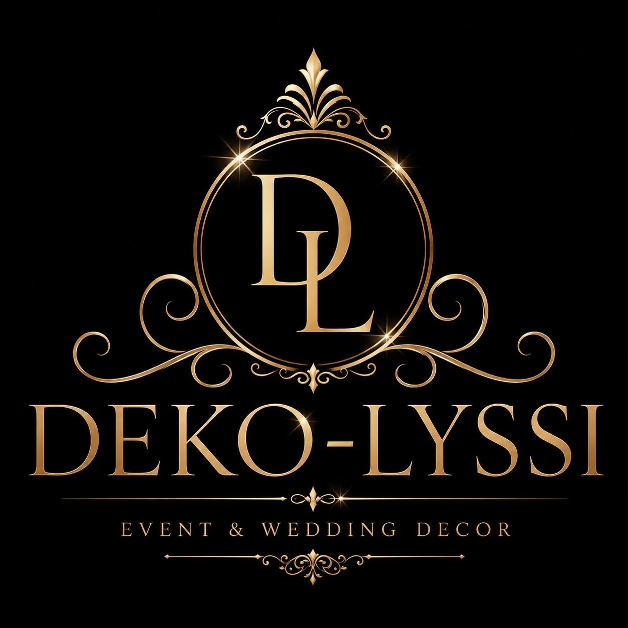 Gold ornate logo for Deko-Lyssi Event and Wedding Decor on black background with elegant DL monogram.