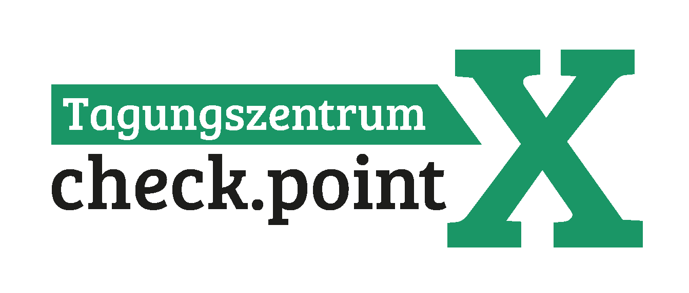 Tagungszentrum check.point X logo with green banner and bold typography for a conference center.