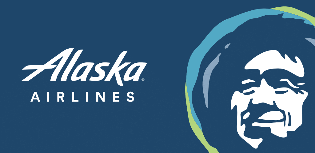 Alaska Airlines dark blue logo design with circular indigenous art symbol in light blue and green colors against navy background.