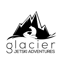 A minimalist black logo design featuring mountain peaks and a jetski silhouette with text reading 'glacier jetski adventures'.