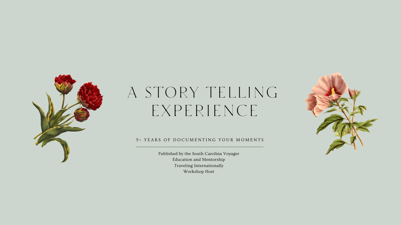 A vintage-style title page design with 'A Story Telling Experience' text between red and pink floral illustrations.