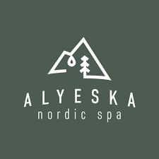 A minimalist green and white logo design for Alyeska Nordic Spa featuring a mountain triangle with tree and water drop icons.