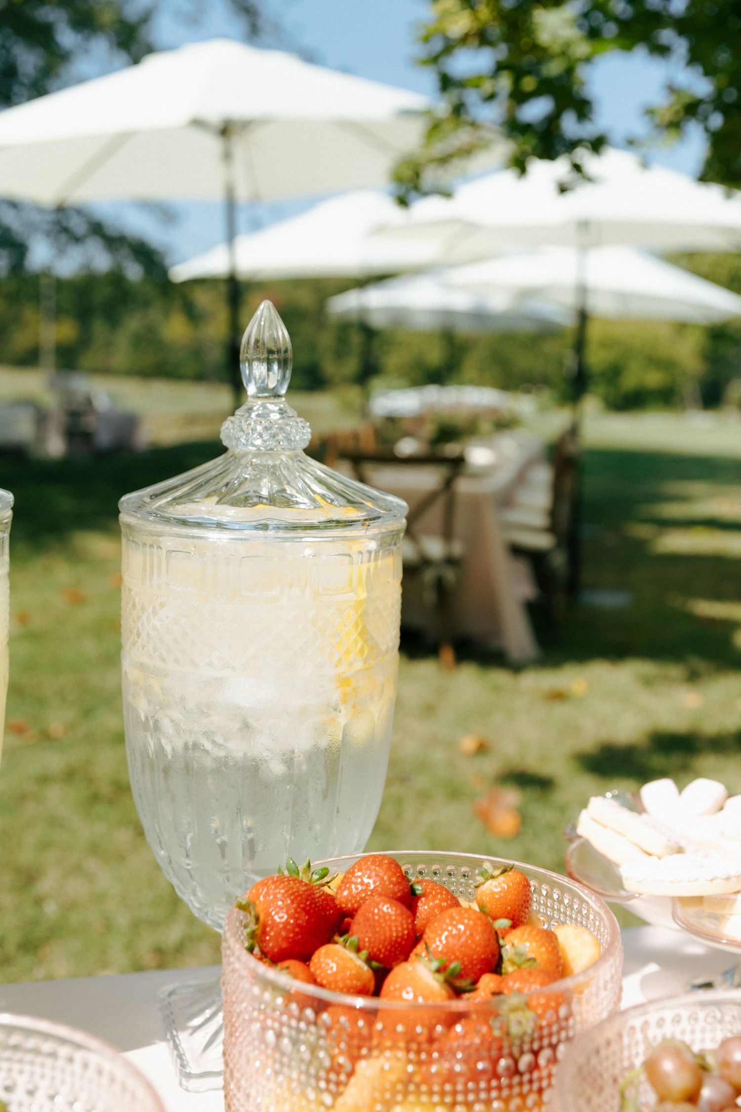 Fresh strawberries and crystal glassware on an outdoor table with white umbrellas and garden setting in background.