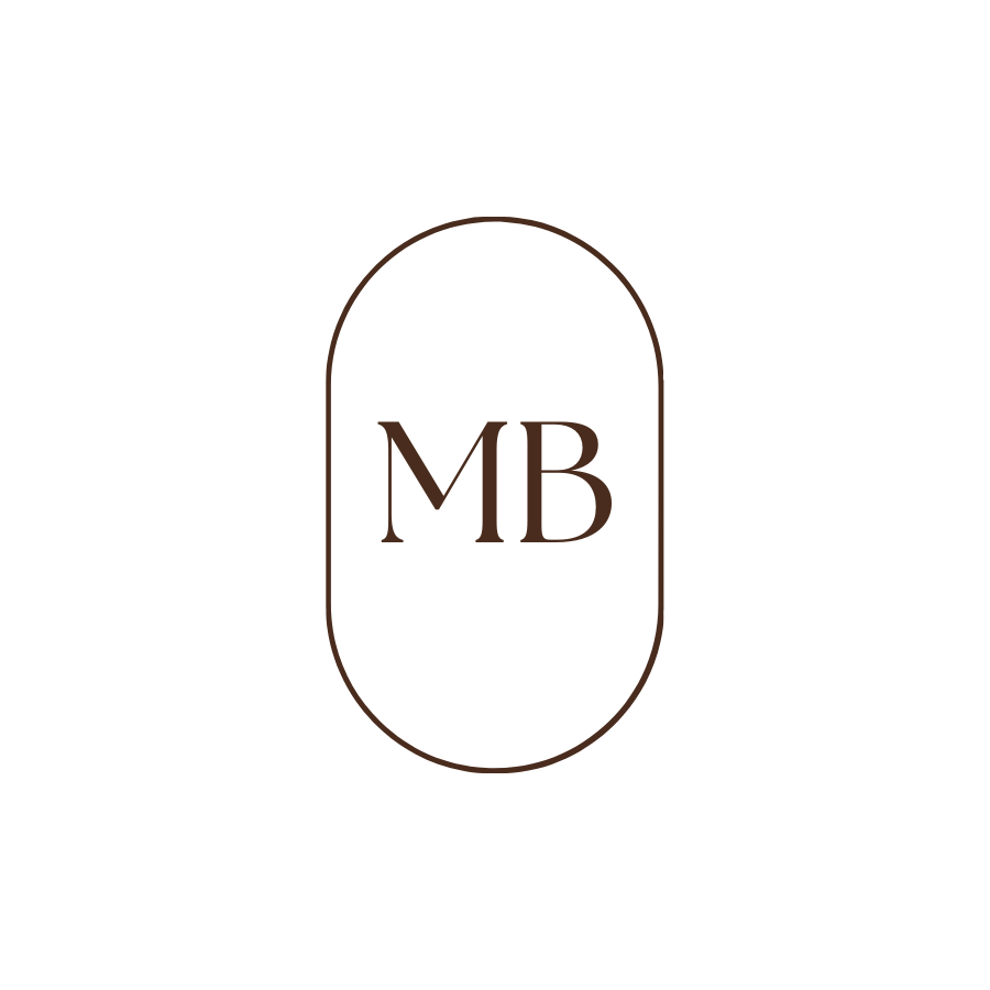 Minimal black oval logo design with the initials MB in brown lettering against a dark background.