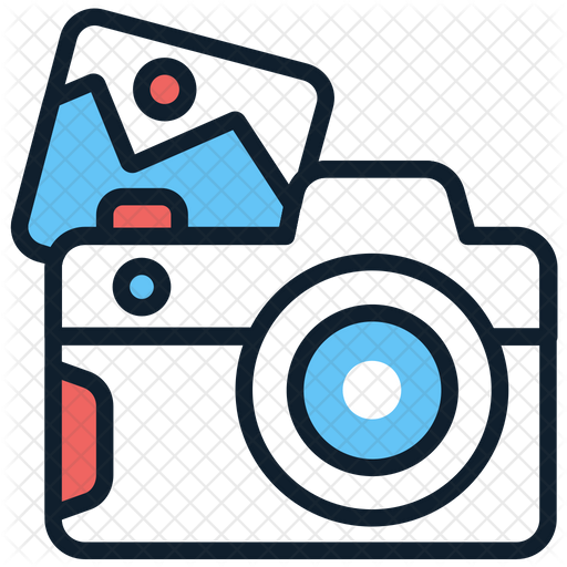 Colorful icon of a camera with photos flying out representing photo gallery or camera roll.