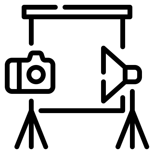 Photography studio setup icon with camera on tripod and studio light on stand against backdrop.