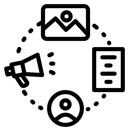 Black icon showing a circular workflow with a megaphone, image placeholder, document, and user profile symbol.