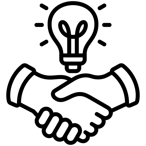 Black and white icon of two hands shaking beneath a glowing light bulb, symbolizing a smart business partnership.